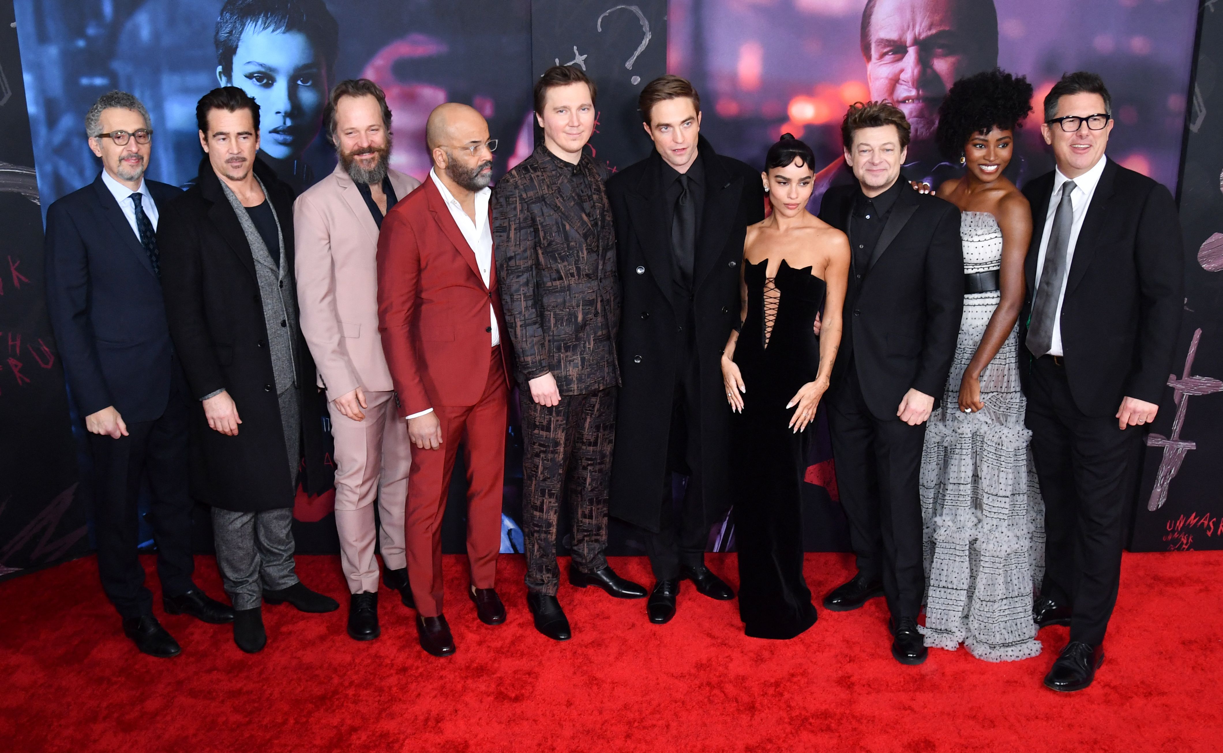 (L-R) Actors John Turturro, Colin Farrell, Peter Sarsgarrd, Jeffrey Wright, Paul Dano, Robert Pattinson, Zoe Kravitz, Andy Serkis and Jayme Lawson arrive for "The Batman" world premiere at Josie Robertson Plaza in New York, March 1, 2022. (Photo by ANGELA  WEISS / AFP) (Photo by ANGELA  WEISS/AFP via Getty Images)