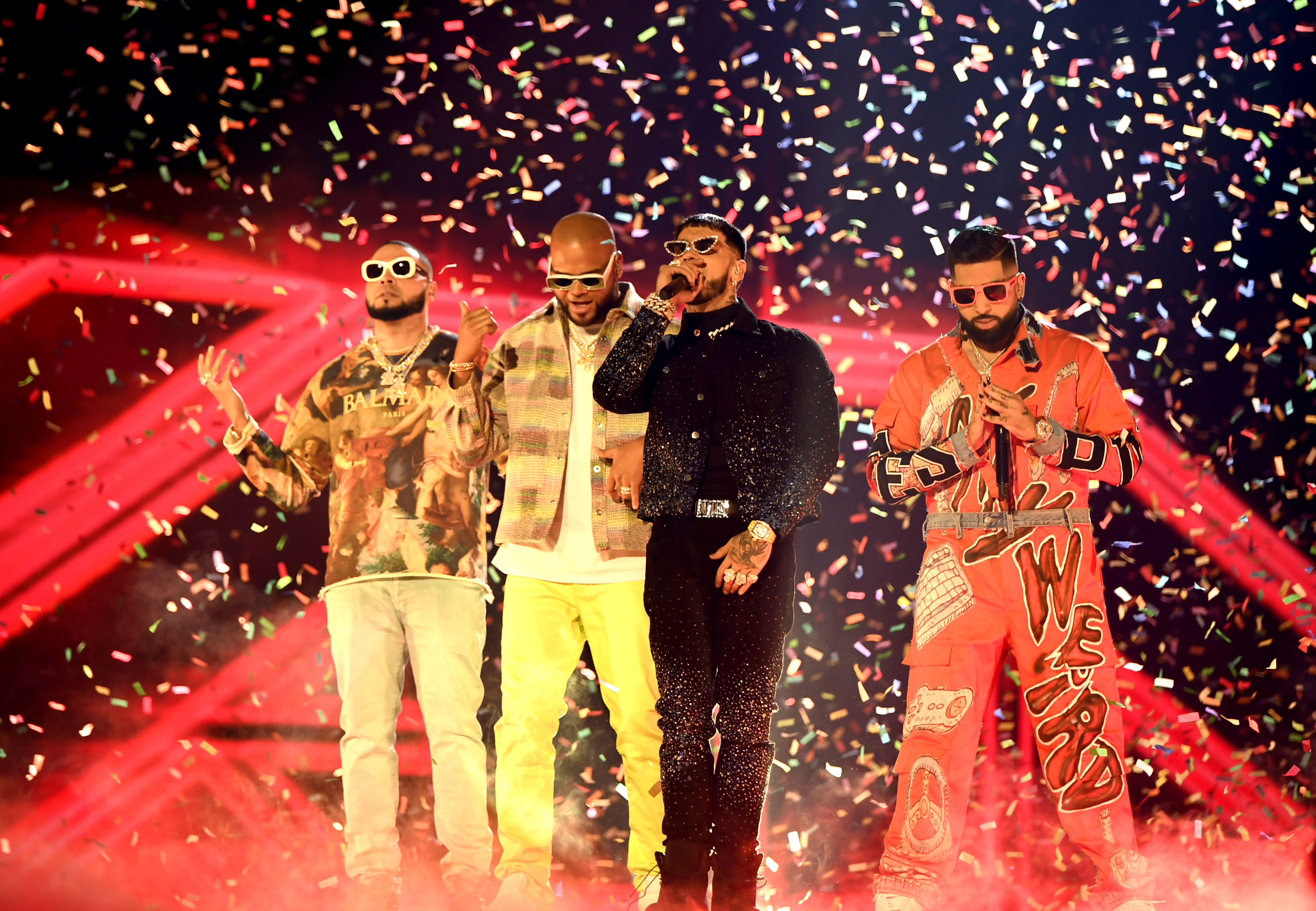 LAS VEGAS, NEVADA - APRIL 20: (L-R) Edgar Semper and Xavier Semper of Mambo Kingz, Anuel AA, and DJ Luian perform onstage during the 2023 Latin American Music Awards at MGM Grand Garden Arena on April 20, 2023 in Las Vegas, Nevada. (Photo by Mindy Small/Getty Images)