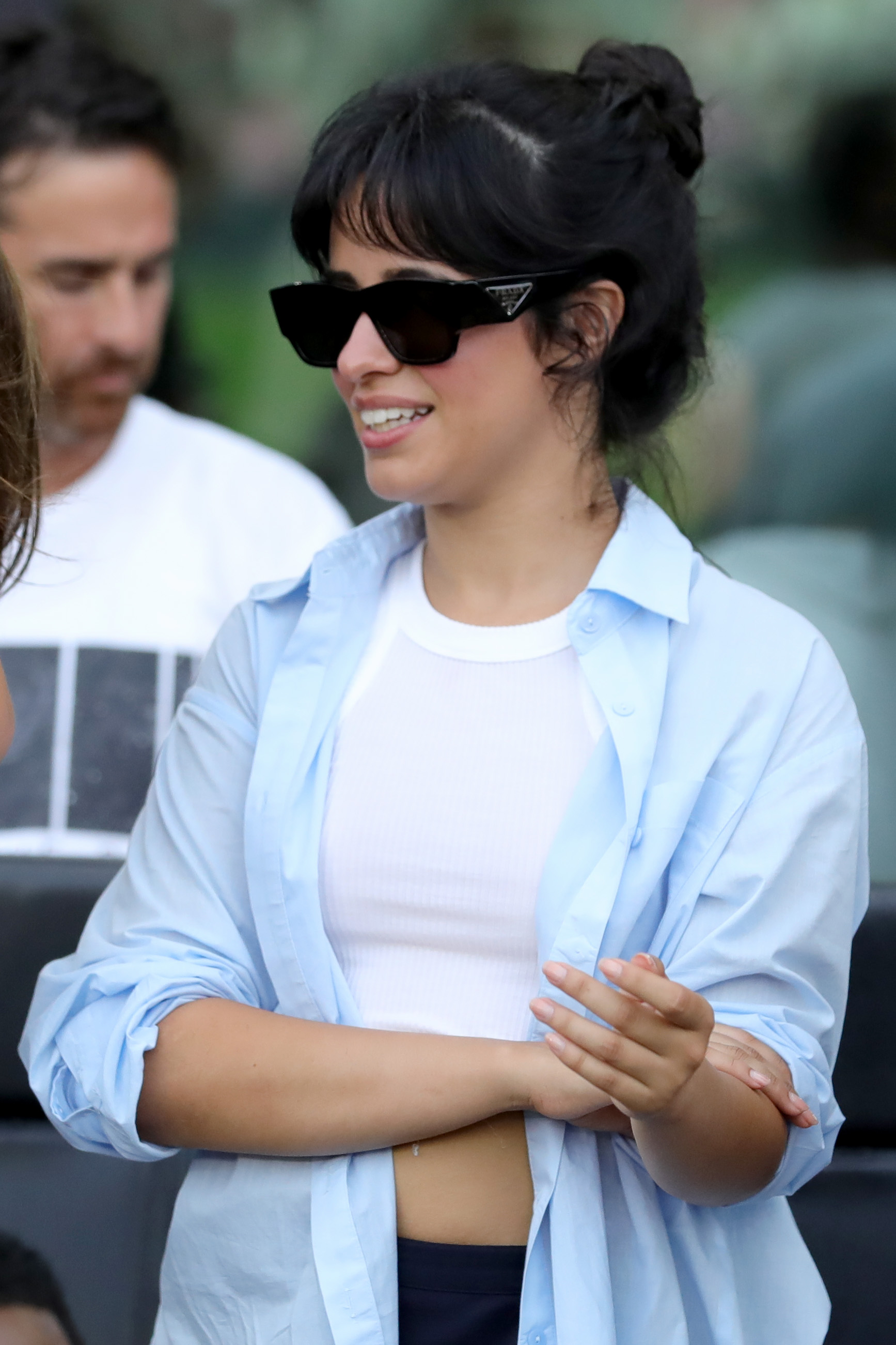 FORT LAUDERDALE, FLORIDA - JULY 25: Singer Camila Cabello reacts prior to the Leagues Cup 2023 match between Inter Miami CF and Atlanta United at DRV PNK Stadium on July 25, 2023 in Fort Lauderdale, Florida. (Photo by Megan Briggs/Getty Images)