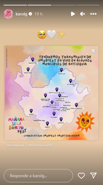 Karol G se presentará gratis en 23 municipios de Antioquía.