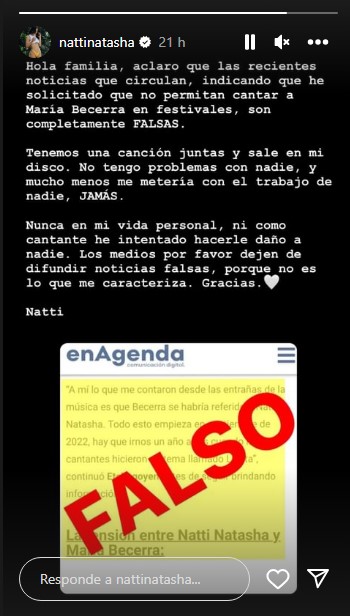 Natti Natasha asegura que no tiene problemas con María Becerra.