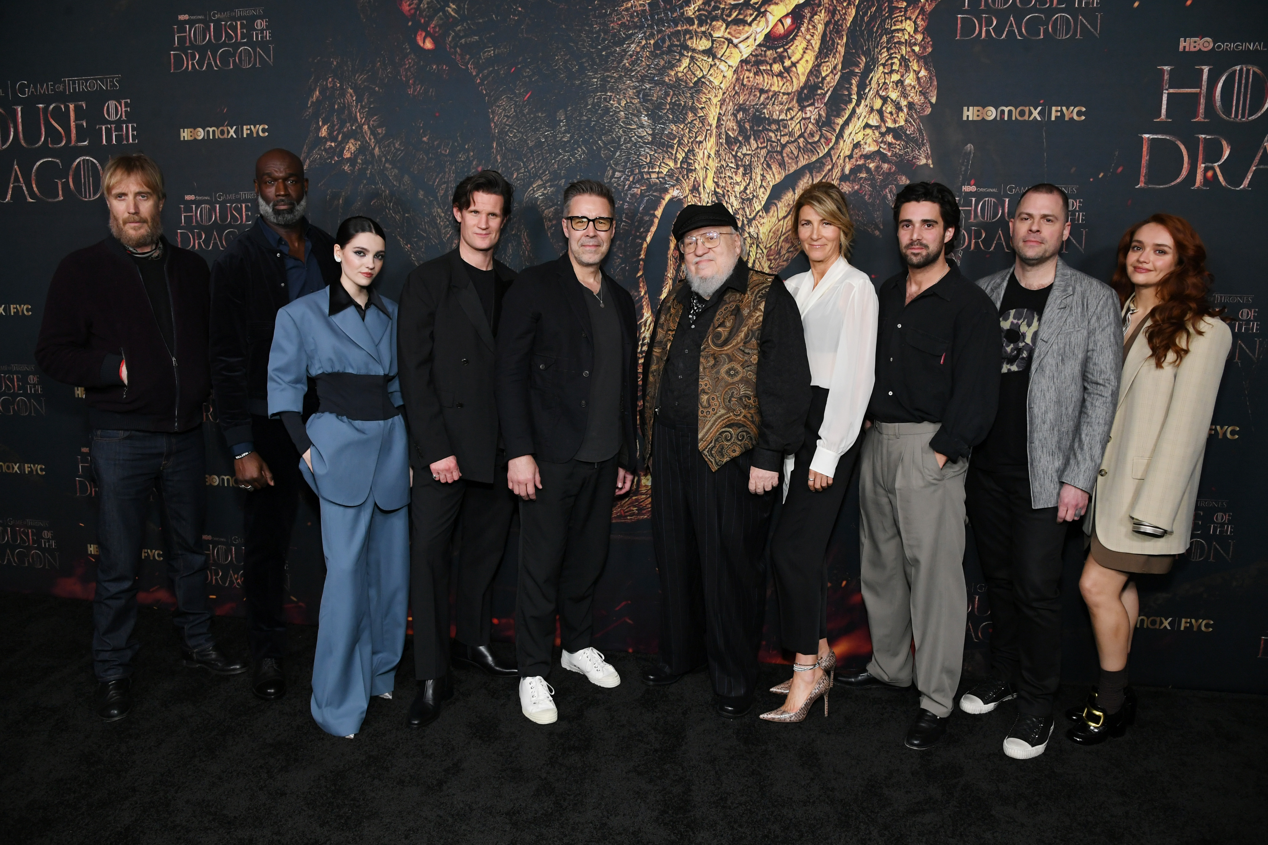 LOS ANGELES, CALIFORNIA - MARCH 07: (L-R) Rhys Ifans, Steve Toussaint, Emily Carey, Matt Smith, Paddy Considine, Josh Gad, George R. R. Martin, Eve Best, Fabien Frankel, Ryan Condal and Olivia Cooke attend the FYC special screening for HBO Max's "House Of The Dragon" at DGA Theater Complex on March 07, 2023 in Los Angeles, California. (Photo by Jon Kopaloff/Getty Images)