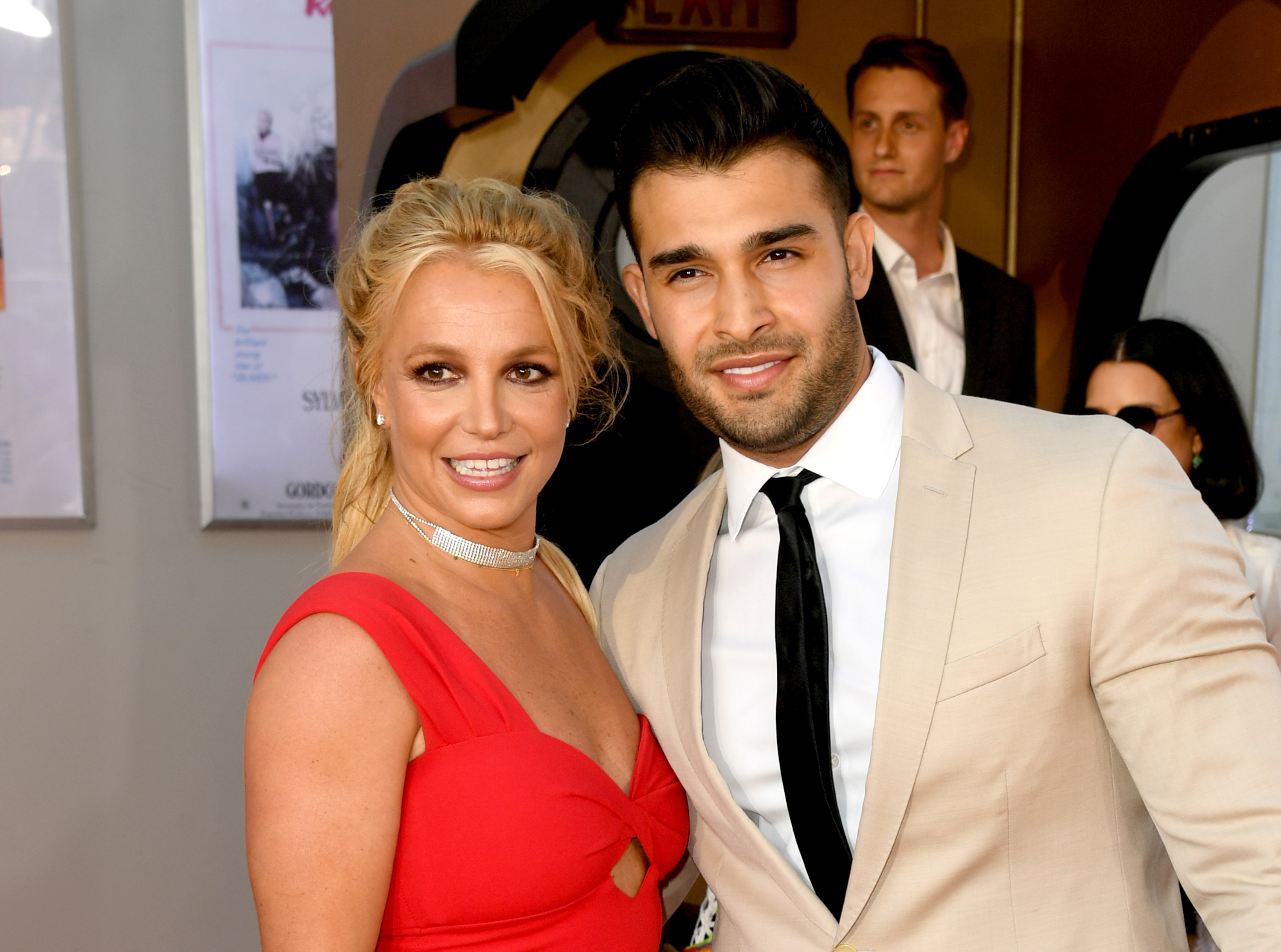 HOLLYWOOD, CALIFORNIA - JULY 22: Britney Spears (L) and Sam Asghari arrive at the premiere of Sony Pictures' "One Upon A Time...In Hollywood" at the Chinese Theatre on July 22, 2019 in Hollywood, California. (Photo by Kevin Winter/Getty Images)