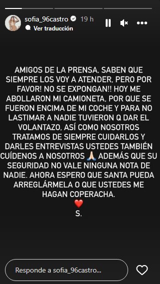 Comunicado de Sofía Castro por accidente de tránsito.