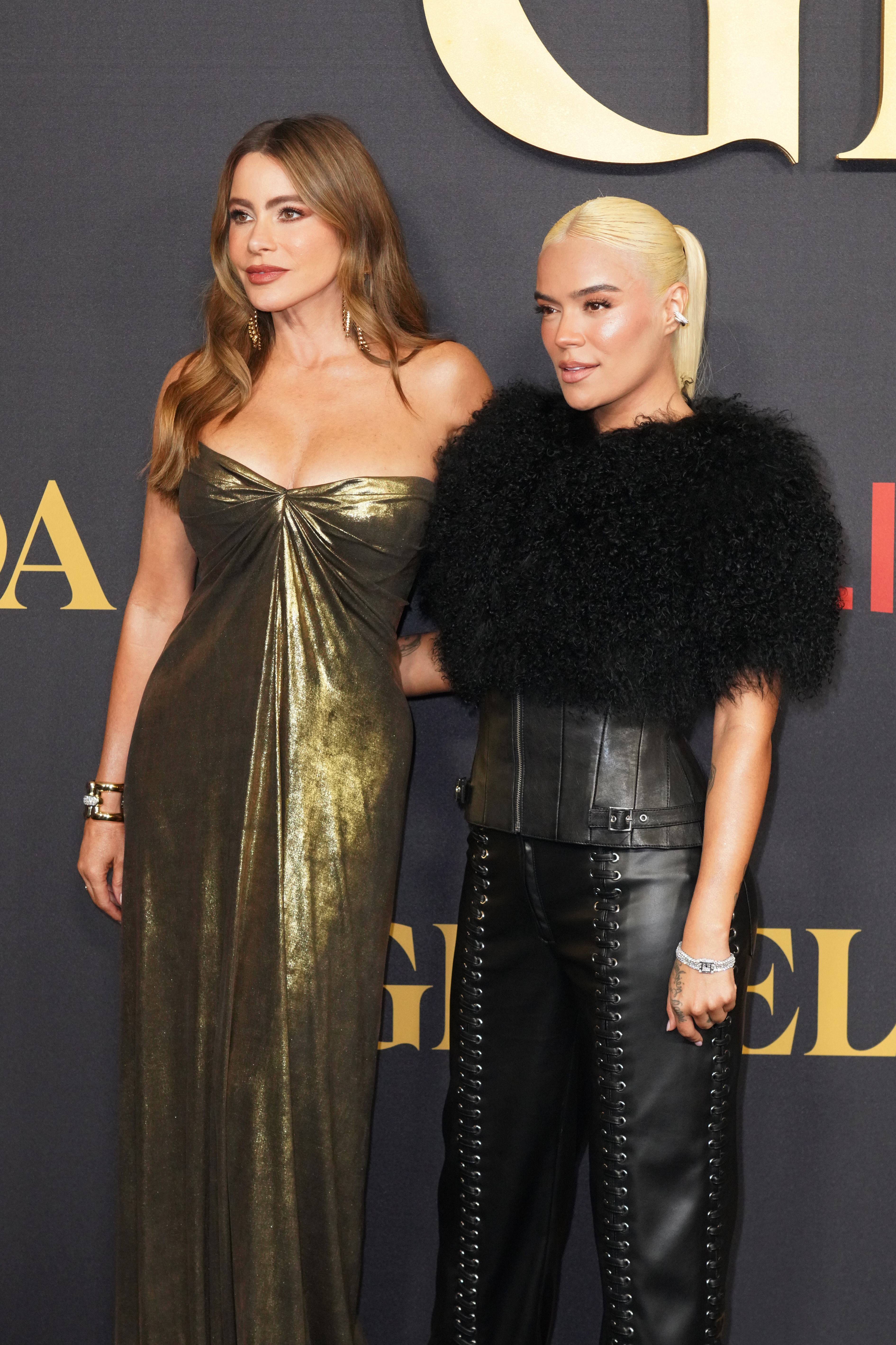 MIAMI BEACH, FLORIDA - JANUARY 23: (L-R) Sofía Vergara and Karol G attend the "Griselda" premiere at The Fillmore Miami Beach on January 23, 2024 in Miami Beach, Florida. (Photo by Romain Maurice/Getty Images)