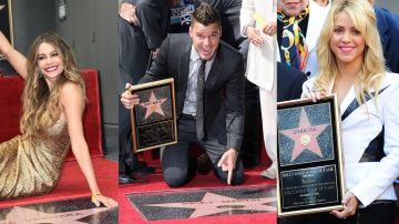 Celebridades latinas con sus estrellas en el paseo de la fama de Hollywood.
