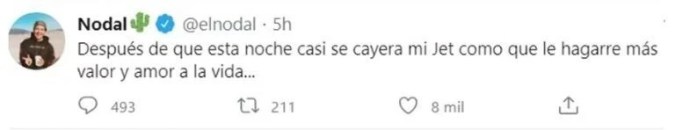 Mensaje de Christian Nodal tras el inconveniente de su avión. Tweet de la cuenta X @elnodal