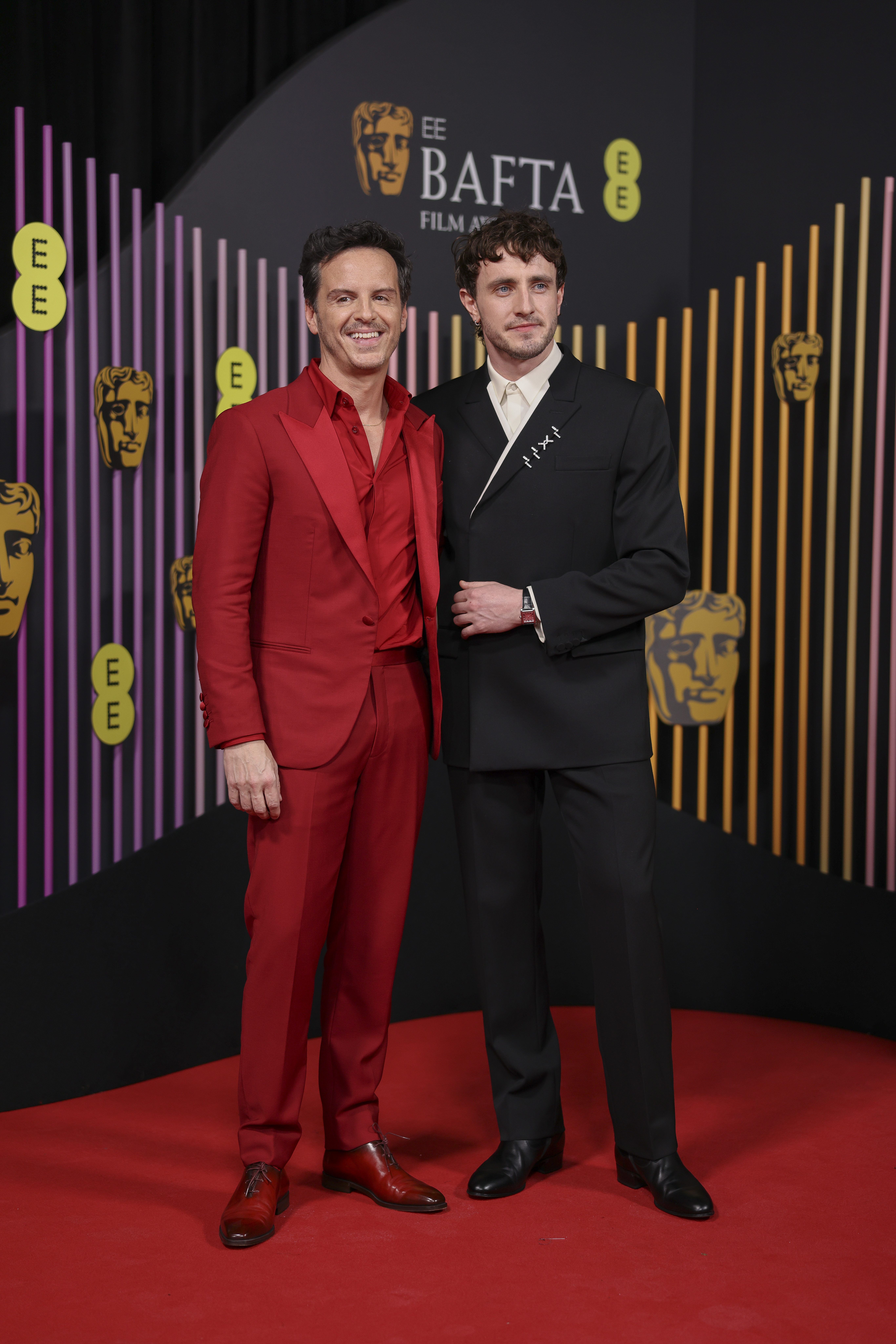 Andrew Scott, left, and Paul Mescal pose for photographers upon arrival at the 77th British Academy Film Awards, BAFTA's, in London, Sunday, Feb. 18, 2024. (Photo by Vianney Le Caer/Invision/AP)