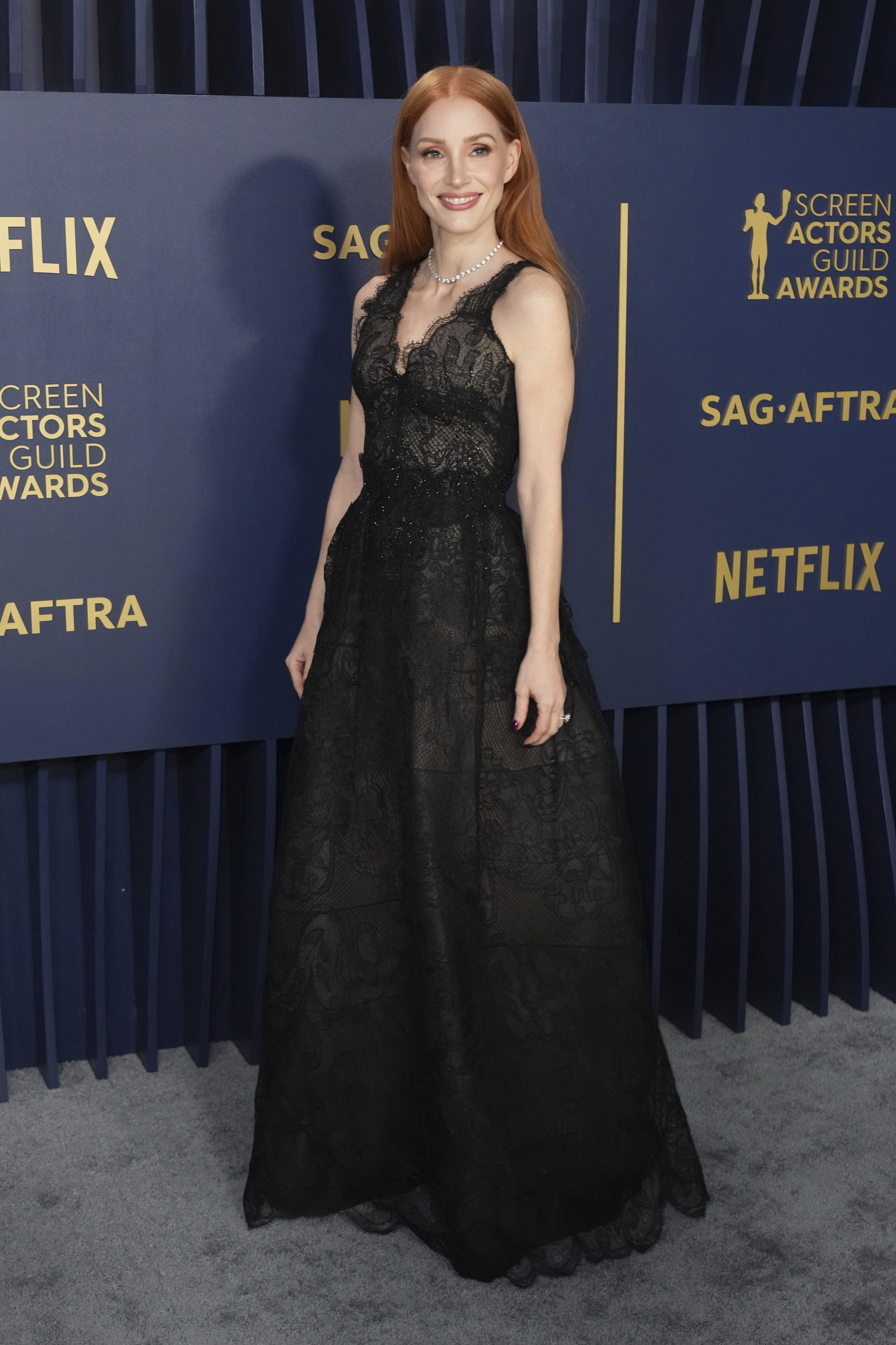 Jessica Chastain arrives at the 30th annual Screen Actors Guild Awards on Saturday, Feb. 24, 2024, at the Shrine Auditorium in Los Angeles. (Photo by Jordan Strauss/Invision/AP)