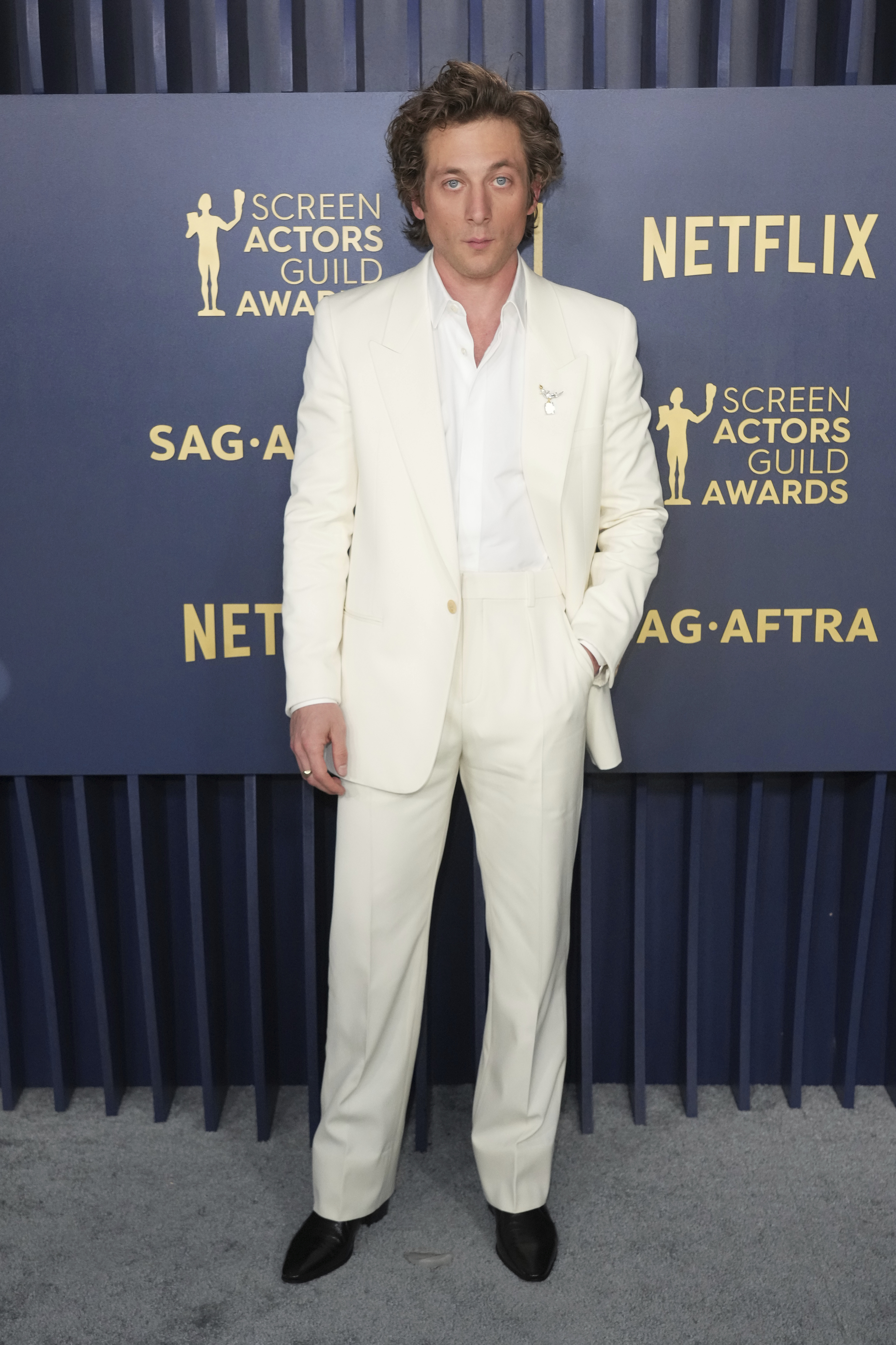 Jeremy Allen White arrives at the 30th annual Screen Actors Guild Awards on Saturday, Feb. 24, 2024, at the Shrine Auditorium in Los Angeles. (Photo by Jordan Strauss/Invision/AP)