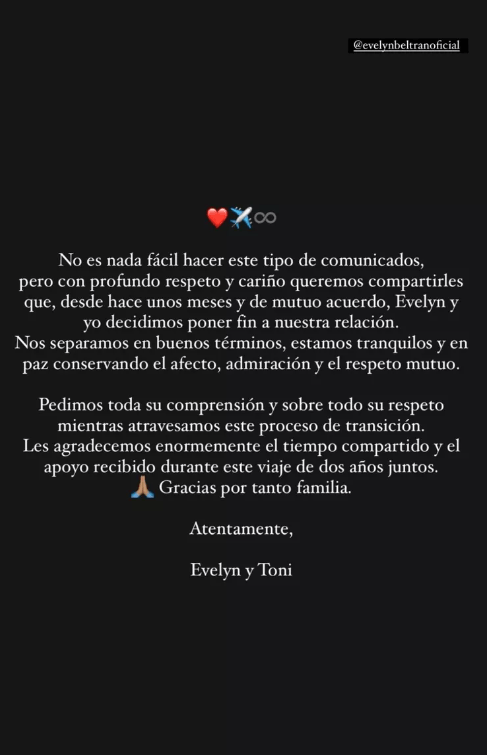 Mensaje que publicaron Toni Costa y Evelyn Beltrán en su cuentas de Instagram