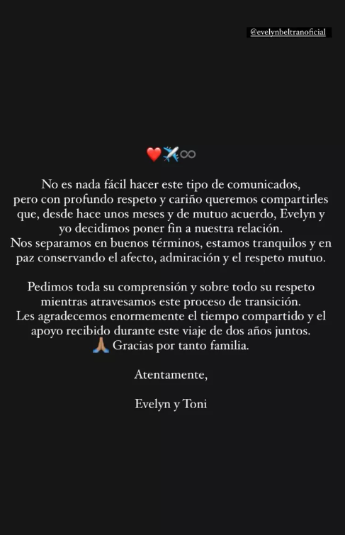 Mensaje que publicaron Toni Costa y Evelyn Beltrán en su cuentas de Instagram