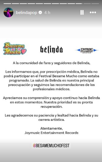 Comunicado de Belinda | Foto: Captura historia de Instagram
