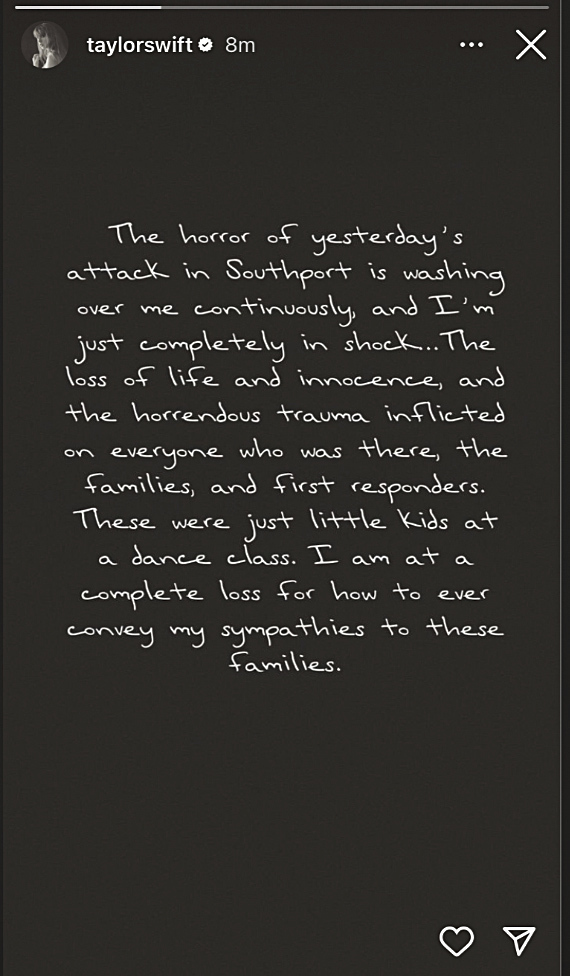 Captura de pantalla muestra la respuesta de Instagram de Taylor Swift al apuñalamiento en Southport, el martes 30 de julio de 2024.