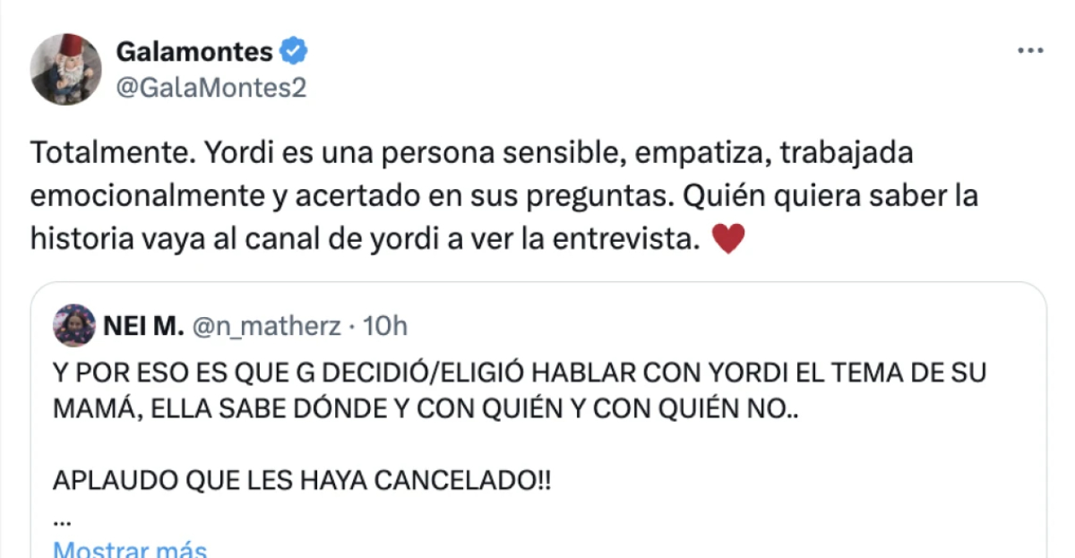 Tuit de Gala Montes sobre su cancelación en 'Hoy día'.