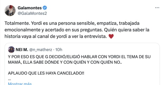 Tuit de Gala Montes sobre su cancelación en 'Hoy día'.