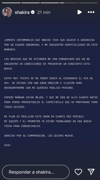 Historia de Instagram subida por Shakira