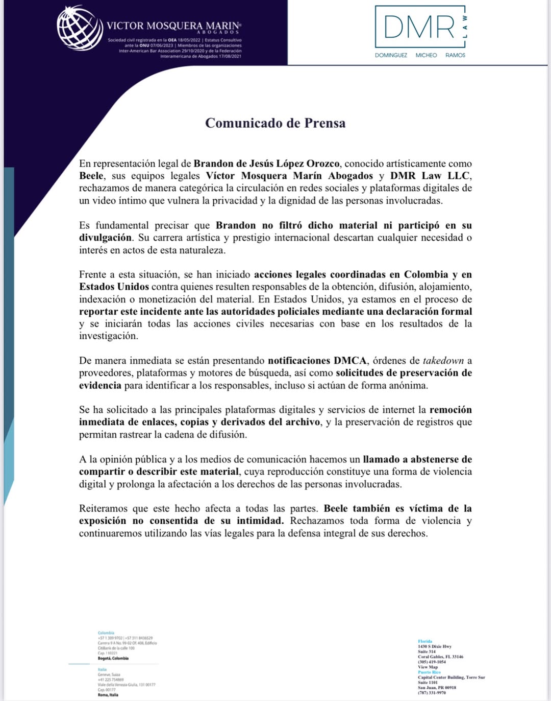 En representación legal de Brandon de Jesús López Orozco, conocido artísticamente como@beele, su