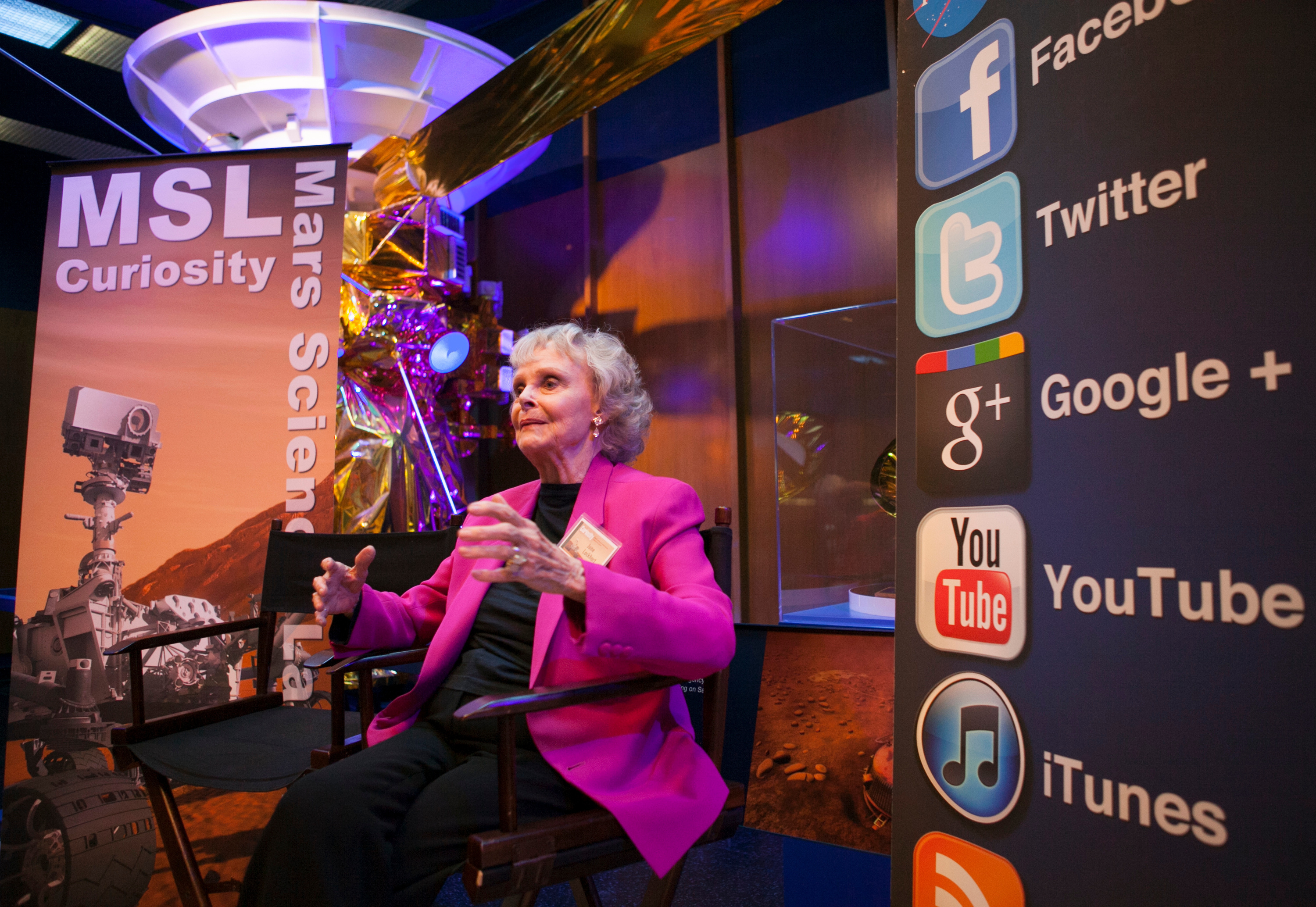 FILE - Actress June Lockhart from Lost in Space and Lassie, addresses bloggers at NASA Social media event at the Jet Propulsion Laboratory in Pasadena, Calif., on Aug. 12, 2012, hours before the Mars rover Curiosity is due to land on the surface of Mars.  (AP Photo/Damian Dovarganes, File)