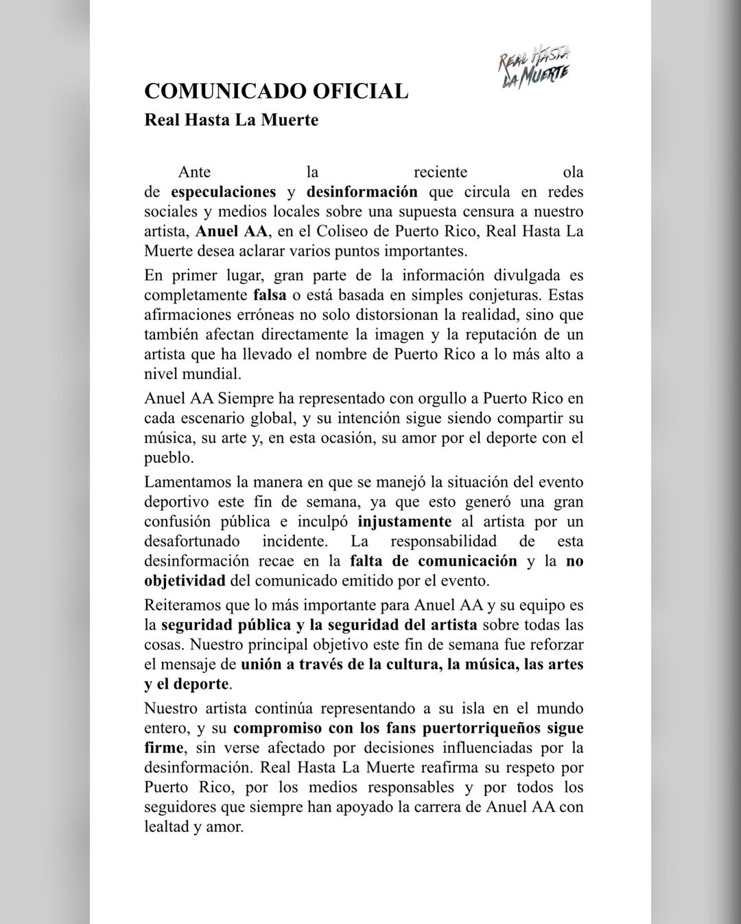 Comunicado oficial de Real Hasta La Muerte- se desmiente información falsa sobre Anuel AA y se r