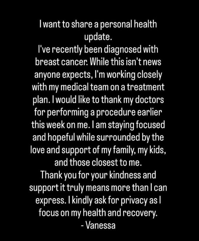 Text-based personal health update sharing a diagnosis of breast cancer and gratitude for support from family and medical team.