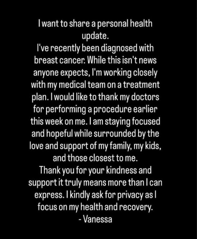 Text-based personal health update sharing a diagnosis of breast cancer and gratitude for support from family and medical team.